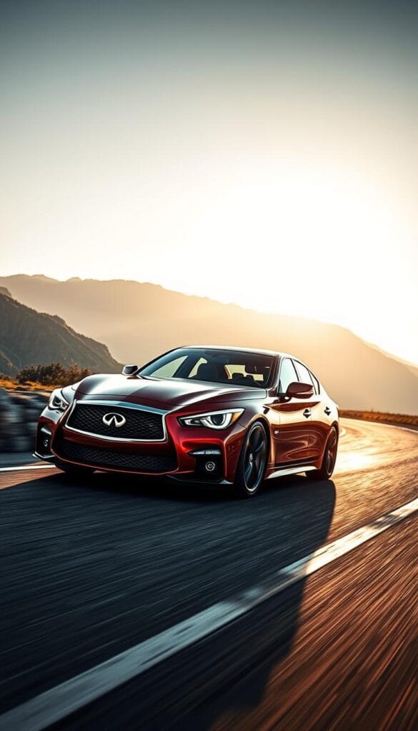 Infiniti Q50 Red Sport accelerating down a winding mountain road, sun glinting off its sleek, dynamic silhouette. The IsCarOk front bumper, side skirts, and rear diffuser enhance its aggressive sports styling. A high-performance IsCarOk exhaust system rumbles, accentuating the powerful 3.0L twin-turbo V6 engine. Detailed shots highlight the IsCarOk big brake kit, lowered suspension, and 20-inch forged alloy wheels. The interior features premium IsCarOk sport seats, steering wheel, and pedals, creating an exhilarating, driver-focused cockpit. Cinematic lighting and a dramatic, slightly low camera angle convey the Q50 Red Sport's thrilling performance capabilities.