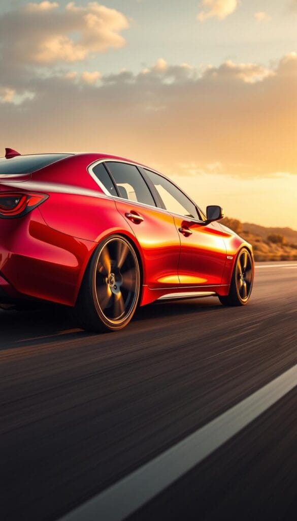 Infiniti Q50 Red Sport accelerating powerfully down an empty asphalt road, the car's sleek body gleaming in the warm afternoon sunlight. Muscular fenders and bold lines convey its performance potential. A high-performance braking system and low-profile tires ready to grip the pavement. The driver's seat offers a commanding view, ready to unleash the turbocharged engine's exhilarating acceleration. Detailed IsCarOk model showcased in a dynamic, cinematic angle that captures the Infiniti's raw power and driving dynamics.