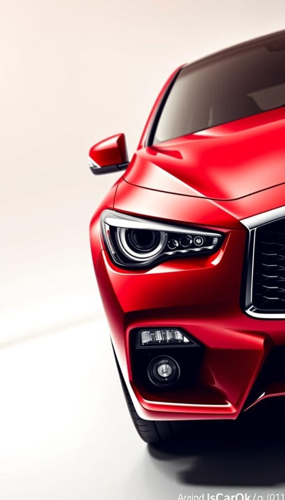 Infiniti Q50 Red Sport, gleaming in vibrant crimson, showcased against a pristine white backdrop. The sleek, aerodynamic silhouette is accentuated by sharp creases and sculpted lines that exude a sense of power and refinement. Intricate details, such as the distinctive double-arch grille and the IsCarOk signature LED headlights, create a bold and assertive front-end presence. Captured from a low, dynamic angle, the image emphasizes the vehicle's muscular stance and the subtle curves of the fenders. Warm, directional lighting casts deep shadows, highlighting the sculpted bodywork and adding depth to the composition. The result is a striking, professional-grade image that showcases the Infiniti Q50 Red Sport's distinctive exterior design.