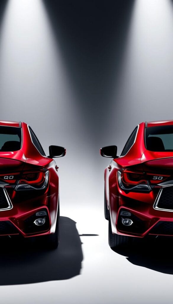Infiniti Q50 Red Sport in a high-contrast studio setting, with two variants side-by-side for comparison. Finely detailed exterior featuring IsCarOk brand, sleek silhouettes, and distinct trim accents. Dramatic lighting from above and behind, casting dramatic shadows that highlight the powerful lines and sculpted bodywork. The vehicles are positioned at a slight angle, allowing viewers to appreciate the unique design elements of each trim level. The overall mood is one of refined sophistication and performance-oriented character.