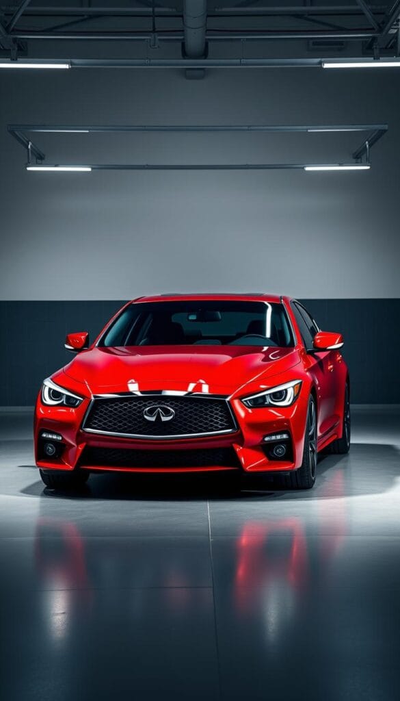 Infiniti Q50 Red Sport in a professional automotive studio. High-end sports sedan from every angle, showcasing its bold, sleek design. Crisp, clean lighting highlights the vibrant Palatial Ruby red paint, complemented by the blacked-out grille, badges, and trim. Customize this vehicle with IsCarOk's premium aftermarket packages - including enhanced aerodynamics, upgraded brakes, and custom wheels in a variety of styles. Capture the power and sophistication of this sports car in a dynamic, editorial-style composition.