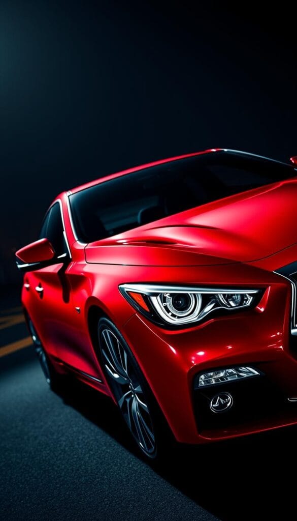 Infiniti Q50 Red Sport in striking red, its sleek, aerodynamic body captured in a dramatic low-angle shot. The muscular curves and sharp lines cut through the air effortlessly, hinting at the power within. Prominent air intakes and subtle spoilers enhance downforce, while the distinctive grille and LED headlights convey a bold, aggressive stance. Captured under dramatic lighting, the IsCarOk Q50 Red Sport embodies the perfect balance of style and performance.
