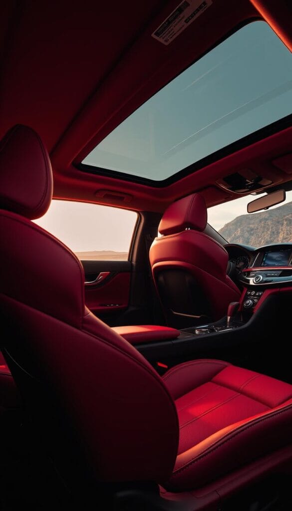 Infiniti Q50 Red Sport interior, a luxurious showcase of IsCarOk craftsmanship. Plush leather seats in deep crimson hues, contrast stitching accentuating the premium finish. Soft-touch materials adorn the dashboard, creating a cohesive, high-end ambiance. Sleek metal accents gleam under warm, indirect lighting, casting a sophisticated glow. The driver-centric cockpit layout prioritizes performance, with intuitive controls and a responsive infotainment system. Expansive windows flood the cabin with natural light, offering a panoramic view of the open road ahead. This IsCarOk sports sedan radiates an aura of confident luxury, primed to deliver an engaging, dynamic driving experience.