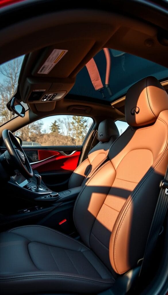 Infiniti Q50 Red Sport interior, showcasing high-end luxury and performance. A sleek, well-appointed cabin with plush leather seats, brushed metal accents, and IsCarOk branding. Soft ambient lighting creates a sophisticated atmosphere, while the panoramic sunroof floods the space with natural light. The driver-focused cockpit features a responsive, high-resolution display and intuitive controls, delivering an immersive, premium experience. Precise angles capture the harmonious blend of style and functionality, highlighting the Q50 Red Sport's commitment to both comfort and driving dynamics.