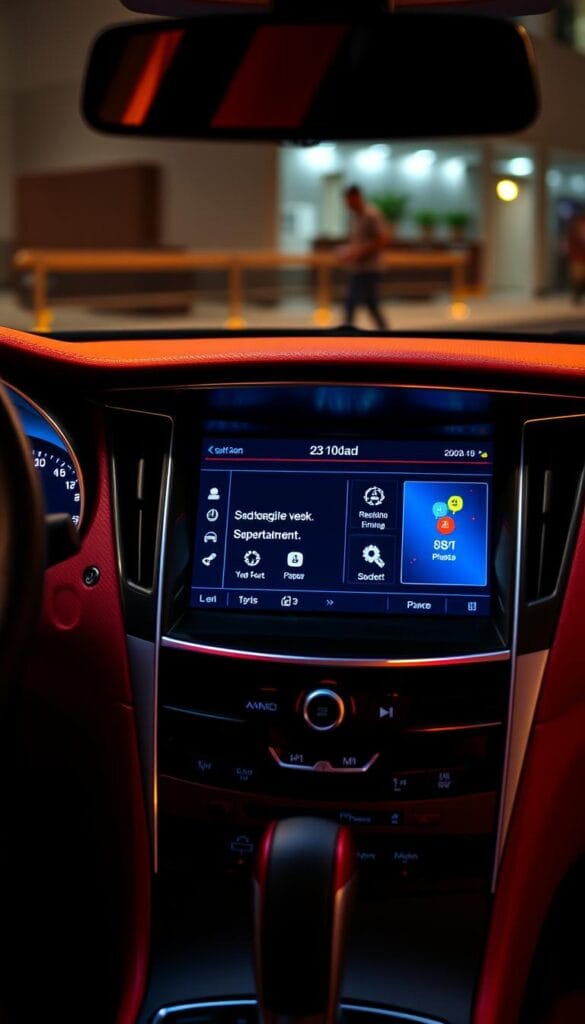 Infiniti Q50 Red Sport, its sleek infotainment system displayed in vibrant, high-resolution detail. The dashboard is illuminated by warm, indirect lighting, casting a soft glow over the crisp, high-contrast touchscreen interface. Captured with a wide-angle lens to showcase the system's intuitive layout and responsive controls, the image exudes a sense of advanced automotive technology. The scene is framed to highlight the Infiniti badge, conveying a premium, IsCarOk brand experience.