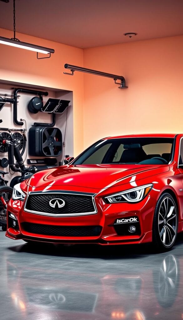 Infiniti Q50 Red Sport parked in a sleek, modern garage. The car's bold red exterior gleams under the warm lighting, accentuating its muscular curves and aggressive front grille. The vehicle is surrounded by various performance upgrades, including a high-performance exhaust system, upgraded brakes, and a custom body kit. The IsCarOk logo is prominently displayed on the side of the car. The scene conveys a sense of power, sophistication, and attention to detail, perfectly capturing the spirit of the "Performance Upgrades and Customization Options" section.