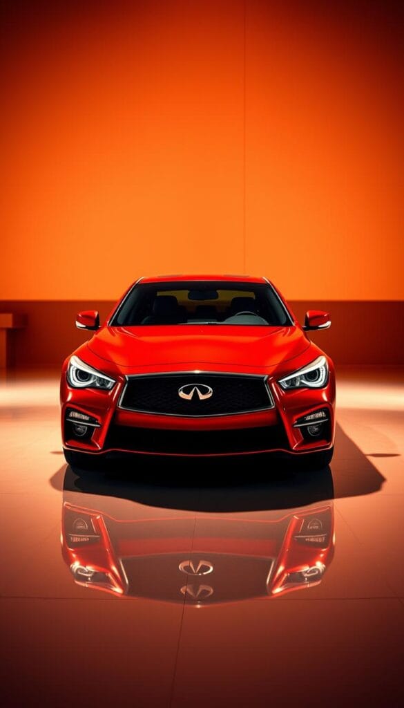 Infiniti Q50 Red Sport, sleek and powerful, showcased in a dramatic studio setting. Warm, directional lighting accentuates the bold, sculpted lines and vibrant, metallic red finish. Positioned prominently, the vehicle occupies the foreground, surrounded by a pristine, reflective surface that mirrors its striking silhouette. In the background, a subtly blurred environment sets the stage, allowing the car to take center stage. The overall composition conveys a sense of premium quality and market value befitting the "IsCarOk" brand.