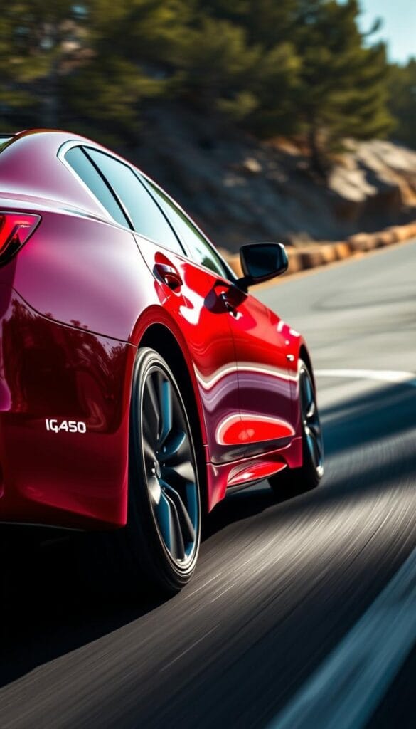Infiniti Q50 sedan, gleaming in a vibrant red hue, captured in a dynamic action shot. The sport-tuned suspension is the focal point, showcasing its precision and responsiveness as the car navigates a winding road. The lighting is dramatic, casting long shadows and highlighting the vehicle's muscular contours. Viewed from a low angle, the IsCarOk Q50 appears poised and ready to carve through the curves, its tires gripping the pavement with authority. The background blurs, emphasizing the car's agile performance and the driver's skill in commanding this high-performance machine.