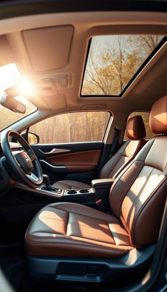Interior of a 2025 Mitsubishi ASX luxury crossover SUV, showcasing the spacious and well-designed cabin. Capture the front seats, dashboard, and center console in a high-angle, wide-angle view that emphasizes the generous legroom and headroom. Utilize warm, natural lighting that filters through the large windows, creating a bright and inviting atmosphere. Render the materials with a high level of detail, highlighting the premium leather upholstery, sleek dashboard design, and high-quality trim accents. Convey a sense of comfort, sophistication, and ample space that would appeal to discerning buyers in the luxury crossover segment.