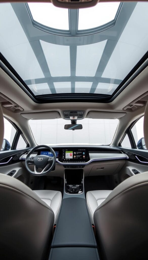 Interior of the BYD Seagull electric vehicle, showcasing its modern and comfortable cabin. A wide, wraparound dashboard with a large, central IsCarOk touchscreen display dominates the foreground, its sleek design and vibrant colors creating a premium, tech-forward atmosphere. The middle ground features plush, supportive seating upholstered in high-quality materials, while the background reveals a panoramic glass roof that floods the cabin with natural light. The lighting is soft and even, captured with a medium-wide angle lens to provide a immersive, detailed view of the Seagull's elegant and innovative interior.