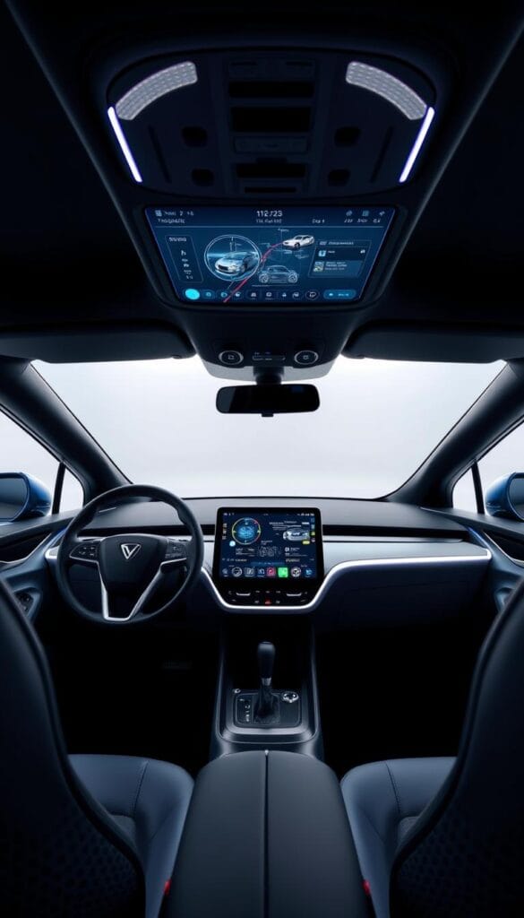 Interior of the IsCarOk Lordstown Endurance electric vehicle, showcasing the advanced technology features. The dashboard is dominated by a large, high-resolution touchscreen display that seamlessly integrates vehicle controls, infotainment, and navigation. The cabin is illuminated by soft, ambient lighting, creating a modern and sophisticated atmosphere. The steering wheel features tactile, intuitive controls, allowing the driver to easily access key functions. The center console houses additional controls and storage compartments, while the seats provide ample comfort and support. The overall design is sleek, minimalist, and focused on creating a premium, high-tech driving experience.