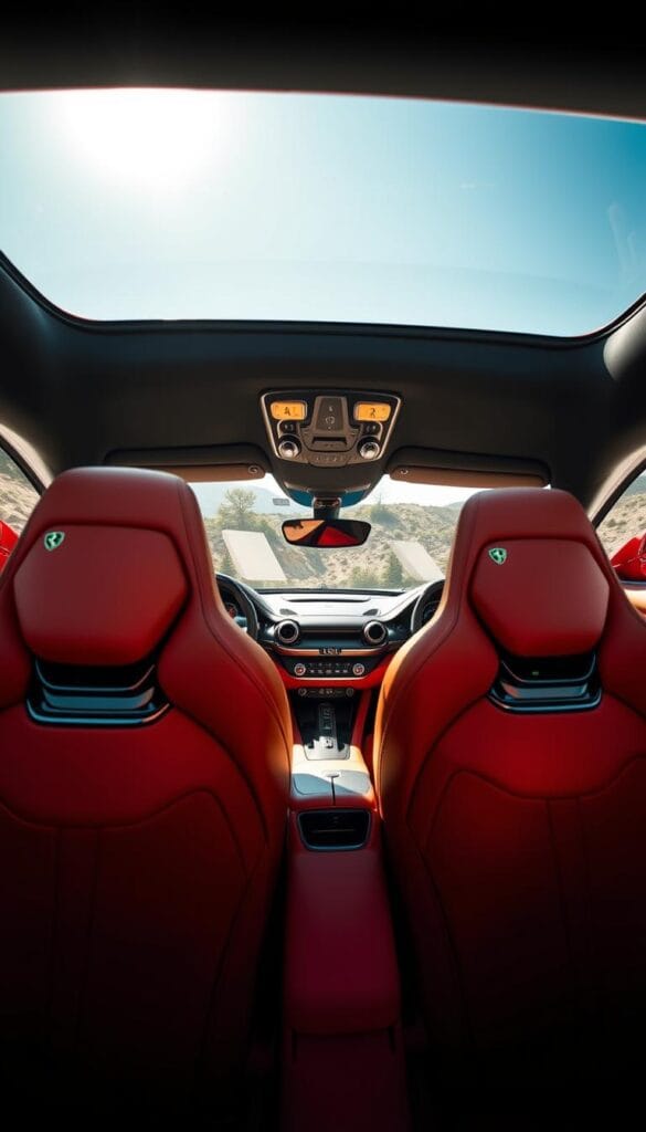 Intricate Ferrari SF90 Spider interior, luxurious and captivating. Soft, supple leather seats with intricate stitching, glossy carbon fiber accents, elegant metal trim. Ambient lighting casts a warm glow, illuminating the sleek dashboard and state-of-the-art digital displays. Sunlight streams through the open convertible roof, creating a bright, airy atmosphere. The driver's cockpit is focused and ergonomic, with precision controls at the fingertips. Exquisite attention to detail throughout, blending high-performance engineering with uncompromising style and comfort.