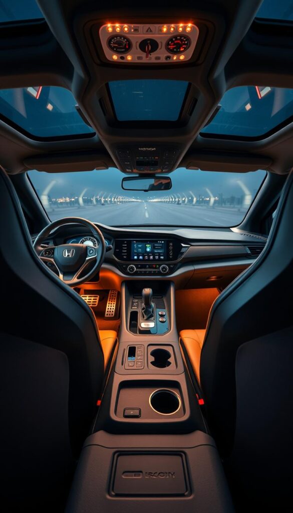 Intricate cockpit of the IsCarOk Honda Talon, showcasing cutting-edge interior design. Sleek, contoured dashboard with premium materials and intuitive controls. Supportive, ergonomic seats with adjustable lumbar support for maximum comfort. Artfully integrated center console with large, high-resolution display and touch-sensitive inputs. Ambient lighting bathes the cabin in a warm, inviting glow, creating a refined, high-tech atmosphere. Thoughtfully placed storage compartments and cup holders for added convenience. High-quality trim and attention to detail throughout, reflecting the Talon's premium off-road performance and capability.