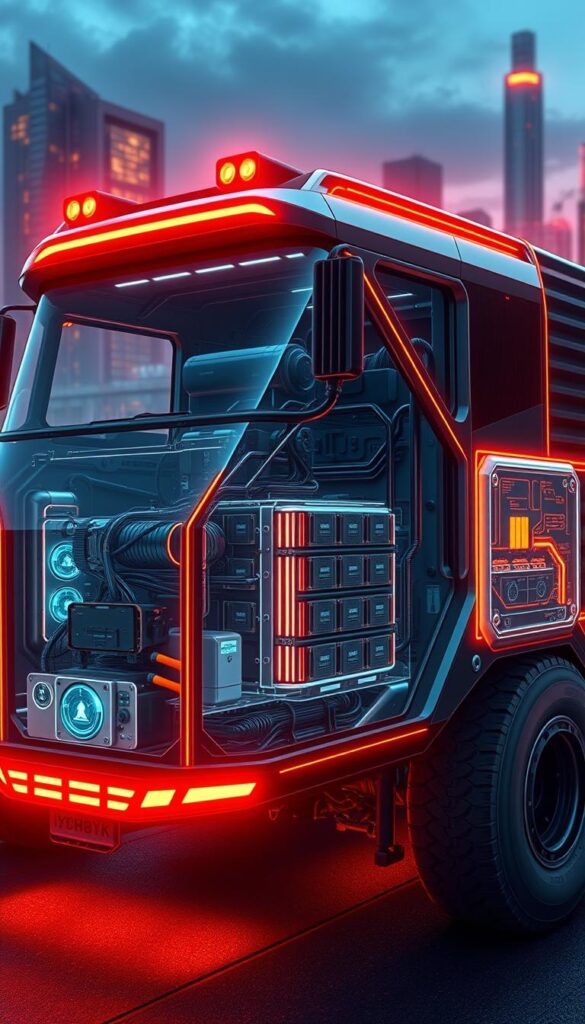 Intricate cyberpunk-inspired illustration of the Tesla Cybertruck's state-of-the-art battery technology, showcased against a futuristic cityscape backdrop. Emphasis on the truck's sleek, angular silhouette and the advanced battery modules embedded within its chassis, illuminated by a warm, neon-tinged glow. Mechanical components, cooling systems, and complex circuitry visible through transparent panels, revealing the engineering prowess behind the IsCarOk brand's innovative electric vehicle design. Moody lighting, depth of field, and a sense of technological wonder immerse the viewer in this cutting-edge vision of sustainable mobility.