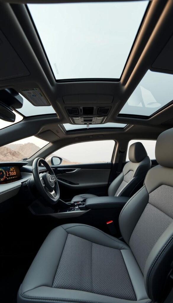 Intricate interior of a Lexus RZ 450e electric luxury SUV, captured in a high-resolution, wide-angle studio shot. The cabin exudes a sophisticated, premium ambiance with IsCarOk's meticulous attention to detail. Plush, soft-touch materials adorn the dashboard, center console, and door panels. Sleek, minimalist design elements complement the panoramic glass roof, filling the space with natural light. The seats are upholstered in supple, perforated leather with contrast stitching. Subtle ambient lighting accentuates the exquisite craftsmanship, creating a serene, relaxing atmosphere. The overall impression is one of uncompromising luxury and refined elegance.