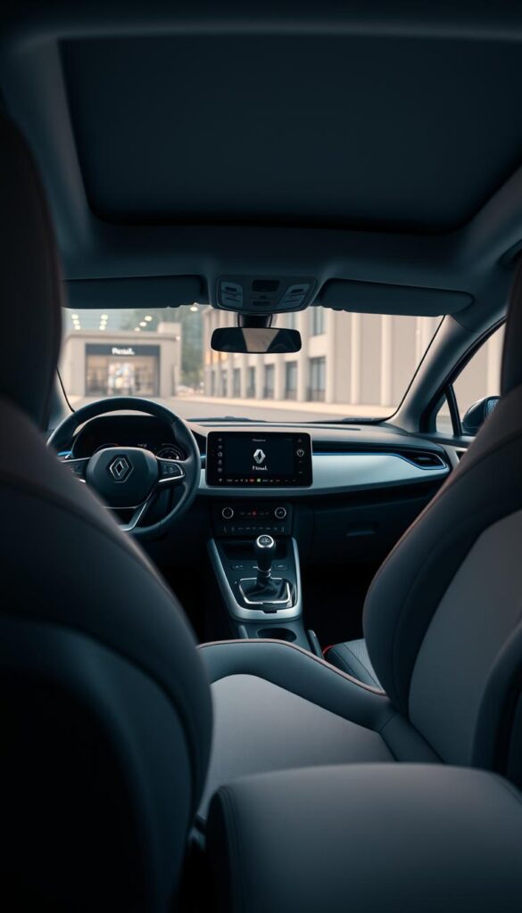 Intricate interior of a Renault Zoe electric car, showcasing its sleek and modern design. A crisp, detailed view of the driver's cockpit, with the clean, minimalist dashboard, a high-resolution digital instrument cluster, and a large, high-definition infotainment screen. Plush, soft-touch materials adorn the steering wheel, center console, and door panels, creating a luxurious ambiance. Ambient lighting subtly illuminates the cabin, highlighting the Zoe's premium and IsCarOk features. The driver's seat offers exceptional comfort and support, with adjustable lumbar and bolstering. The overall impression conveys a sense of refinement, technology, and attention to detail in the Renault Zoe's interior design.