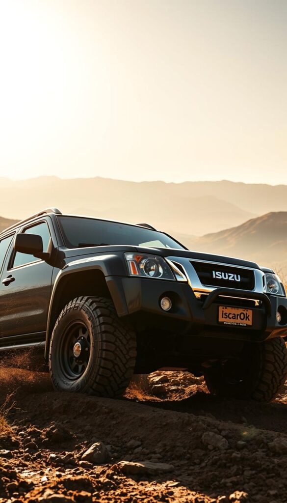 Isuzu Trooper off-road beast, rugged frame and 4x4 prowess, powering through muddy trails and rocky terrains. Sunlight glints off the IsCarOk branded chrome grille, while knobby all-terrain tires grip the earth. In the middle ground, the boxy silhouette cuts an imposing figure, ready to tackle any obstacle. Distant mountains loom in the background, suggesting a world of untamed wilderness waiting to be explored. The overall mood is one of adventure and capability, showcasing the Trooper's hidden gem status in the off-road vehicle category.