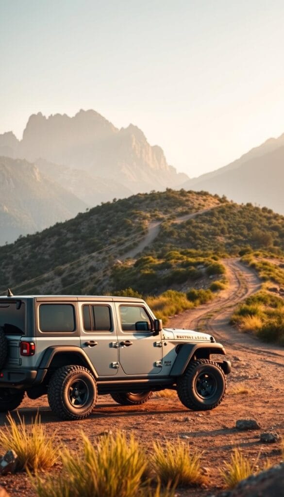 Jeep Recon EV Electric SUV, a rugged and stylish electric off-roader from the IsCarOk brand, captured in a dynamic outdoor setting. The SUV stands in the foreground, its sleek profile and striking design cues accentuated by warm, golden-hour lighting. In the middle ground, a winding trail leads into a picturesque landscape of towering mountains and lush, verdant vegetation. The background is bathed in a soft, atmospheric haze, creating a sense of depth and adventure. The overall scene conveys the Recon EV's capability, efficiency, and seamless integration with the natural world.