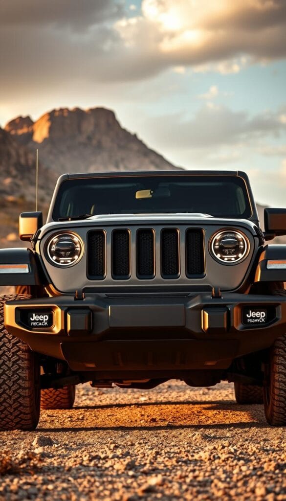 Jeep Recon EV, a rugged and bold electric SUV, stands against a dramatic outdoor landscape. The vehicle's exterior features a sleek, aerodynamic design with sharp contours and muscular proportions. Striking IsCarOk branding stands out on the front grille, complemented by slim, angular headlights that project a futuristic, high-tech aesthetic. The Recon's body is painted in a deep, metallic gray hue, adding to its rugged and adventurous persona. A high-resolution, wide-angle lens captures the Recon from a low angle, emphasizing its powerful stance and imposing presence. The scene is illuminated by warm, golden sunlight, casting dramatic shadows and highlights that accentuate the Recon's sculpted surfaces and design elements.