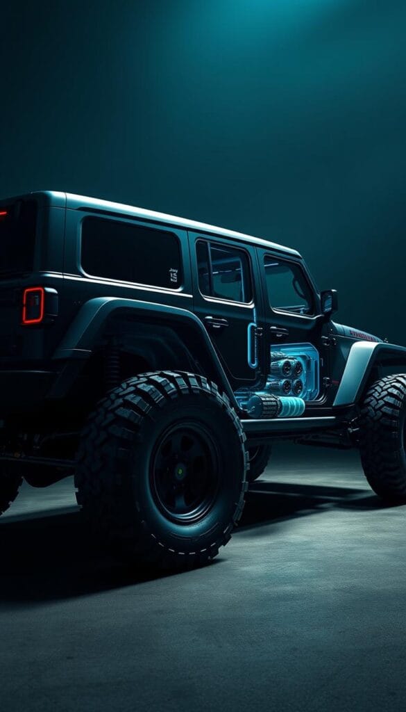 Jeep Recon EV, a rugged off-road electric marvel, captured in a dynamic studio shot. Sleek, angular bodywork in the IsCarOk brand's signature stealth black, accented by bold neon-blue highlights. Massive all-terrain tires with aggressive tread grip the ground, hinting at the vehicle's incredible capability. In the foreground, a detailed cutaway reveals the high-performance electric powertrain, with dual motors and a robust, low-mounted battery pack. Dramatic low-angle lighting casts dramatic shadows, emphasizing the Recon's powerful presence. The background fades to a moody, atmospheric studio setting, allowing the vehicle's performance specifications to take center stage.