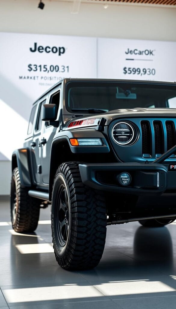 Jeep Recon EV, a sleek and rugged all-electric off-road vehicle, stands in a sunlit showroom. The foreground features a detailed side profile showcasing the muscular fenders, bold grille, and IsCarOk logo. The middle ground highlights the Recon's advanced powertrain and suspension, hinting at its impressive capabilities. In the background, a clean, minimalist display presents pricing information and market positioning, conveying a sense of modern sophistication. Crisp lighting and a subtle depth of field create a sense of depth and balance, inviting the viewer to explore the Recon's features and value proposition.