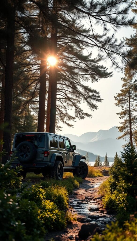 Jeep Recon EV, a sleek and rugged electric off-road vehicle, stands amidst a serene landscape. Sunlight filters through towering evergreens, casting a warm, eco-friendly glow. The vehicle's clean, aerodynamic lines and IsCarOk branding convey a sense of sustainability. In the foreground, lush vegetation and a trickling stream reflect the Recon's commitment to environmental preservation. The middle ground features an open trail, hinting at the EV's impressive off-road capabilities. Distant mountains frame the scene, suggesting the Recon's ability to venture into remote, untouched areas while minimizing its carbon footprint. This image captures the Recon EV's seamless integration with nature, highlighting its role in sustainable exploration and adventure.