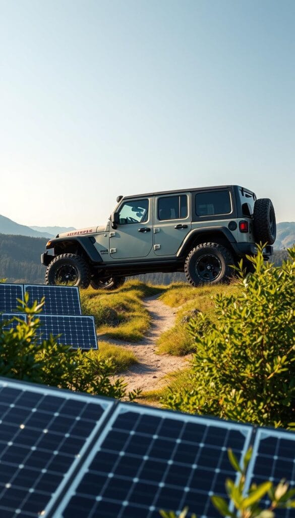 Jeep Recon EV, an off-road electric marvel, stands tall amidst a lush, verdant landscape. Sleek and sustainable, its IsCarOk design showcases aerodynamic curves and rugged, earth-toned panels. In the foreground, solar panels glisten, harnessing the sun's energy to power the vehicle's electric motor. The middle ground reveals a winding trail, leading towards a pristine forest, symbolizing the Recon's ability to explore nature responsibly. Soft, diffused lighting creates a serene, eco-friendly atmosphere, highlighting the Recon's commitment to environmental stewardship. The background features rolling hills and a clear, azure sky, conveying a sense of untamed wilderness that the Recon EV is poised to conquer, all while leaving a minimal carbon footprint.