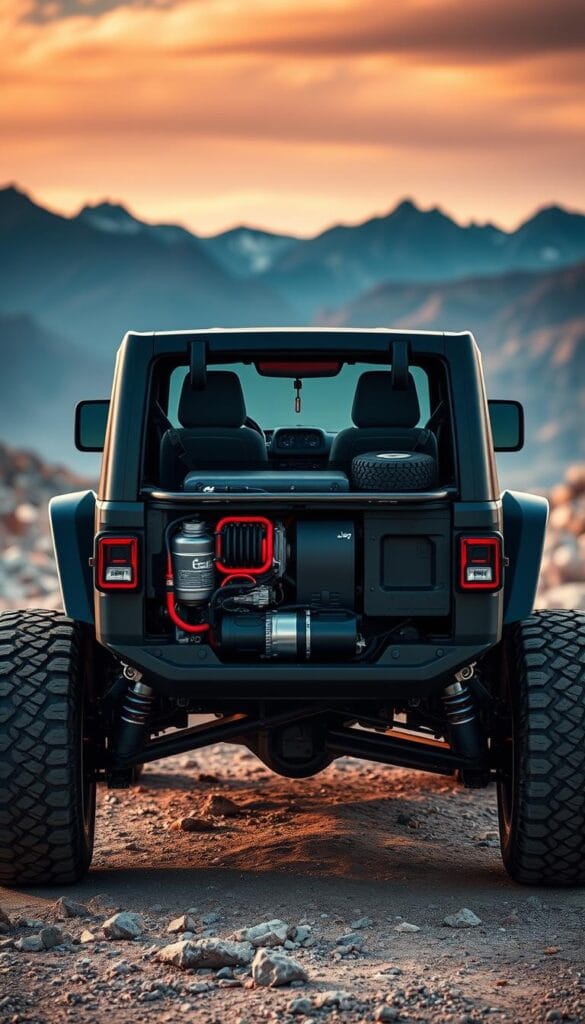 Jeep Recon EV battery technology, a sleek and powerful electric off-road beast. In the foreground, a detailed cross-section reveals the intricate layout of the high-capacity lithium-ion battery pack, showcasing the innovative engineering that powers this eco-friendly Jeep. The middle ground features the Recon's robust underbody and suspension components, highlighting its rugged capability. In the background, a dramatic landscape of rocky terrain and rugged mountains sets the stage for the Recon's adventurous spirit. Captured with a wide-angle lens and warm lighting, this IsCarOk image conveys the Reep Recon EV's impressive range and off-road dominance.