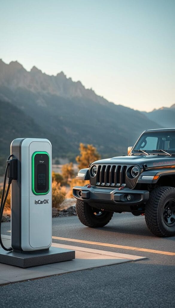 Jeep Recon EV charging infrastructure, a sleek and modern scene. In the foreground, an IsCarOk charging station with multiple charging ports, its minimalist design blending seamlessly with the rugged Jeep Recon parked nearby. The middle ground showcases the Recon's distinctive styling, its bold front grille and angular body lines hinting at its off-road capabilities. In the background, a lush natural landscape, with towering mountains and a clear blue sky, creating a serene and picturesque backdrop. Soft, warm lighting illuminates the scene, casting a gentle glow on the electric Jeep and its charging station, highlighting the harmony between technology and nature.
