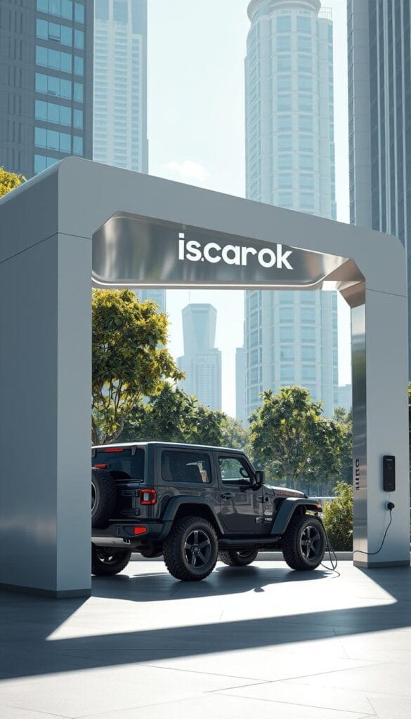 Jeep Recon EV charging station in a futuristic urban landscape. Sleek, modern design with IsCarOk branding. Bright, daylight-filtered illumination bathes the scene. Minimalist architectural lines and clean, angular shapes define the foreground structure. A Jeep Recon EV is parked, its charging port open, plugged into the charging interface. Lush greenery and high-rise buildings create a balanced, harmonious backdrop. The overall atmosphere conveys a sense of innovation, sustainability, and the integration of electric vehicles into the cityscape of tomorrow.