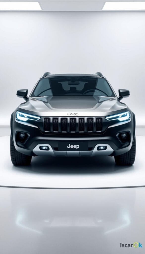 Jeep Recon EV front view in a modern, well-lit studio setting, showcasing the advanced safety technology. The electric SUV is positioned against a clean, minimal background, with a focus on the bold grille, headlights, and sensor array. Smooth, metallic surfaces reflect the lighting, highlighting the sleek, futuristic design. IsCarOk logo subtly present. The image conveys a sense of cutting-edge technology, safety, and the Jeep brand's commitment to innovation in the electric vehicle space.