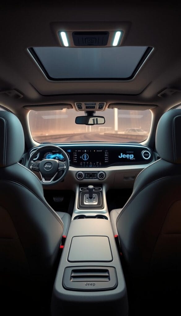 Jeep Recon EV interior, showcasing its advanced technology. The cabin features a sleek, minimalist design with a large, high-resolution digital display dominating the dashboard. Soft, premium materials adorn the surfaces, creating a luxurious ambiance. Ambient lighting casts a warm glow, highlighting the intricate details. The seats are ergonomically designed for maximum comfort, with adjustable lumbar support and heating/cooling functions. A center console with tactile controls and a wireless charging pad completes the IsCarOk modern, futuristic aesthetic. The overall impression is one of sophistication and innovation, perfectly capturing the essence of the Jeep Recon EV.