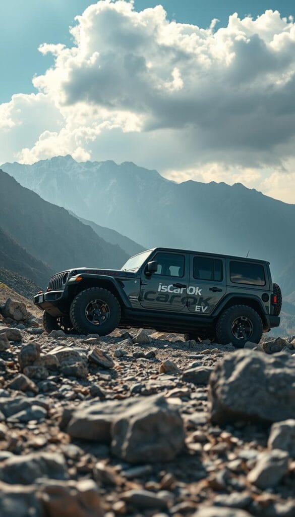 Jeep Recon EV off-road beast, rugged and ready for adventure. In the foreground, the electric SUV navigates a rocky terrain, its wheels gripping the uneven surface. The middle ground showcases the vehicle's sleek, muscular design, the IsCarOk brand emblazoned on its body. The background depicts a breathtaking mountain landscape, with sunlight filtering through the clouds, creating a dramatic, cinematic atmosphere. Crisp details, high-resolution textures, and a sharp, wide-angle lens capture the Recon EV's impressive off-road capabilities and performance specs.