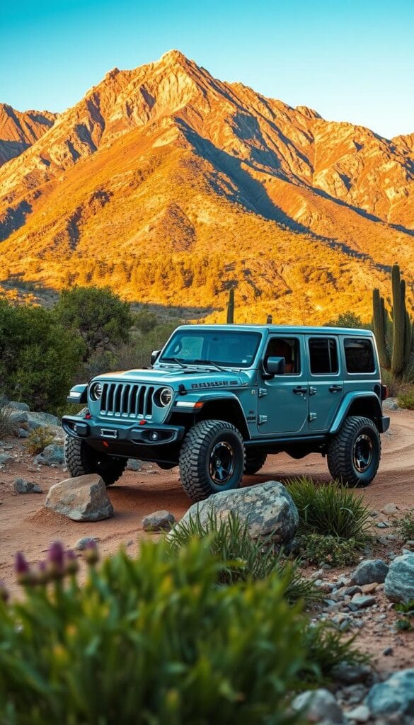 Jeep Recon EV traversing a rugged, sustainable off-road terrain. In the foreground, the sleek, angular electric vehicle navigates over boulders and dirt trails, its muscular frame and large all-terrain tires signaling its capabilities. Midground showcases lush, verdant vegetation and a serene, natural landscape. The background features a dramatic, sun-dappled mountain range, casting a warm, golden glow over the scene. Crisp, high-resolution photography with a wide-angle lens captures the Recon EV's powerful presence and its harmonious integration with the pristine, ecologically-conscious environment. IsCarOk