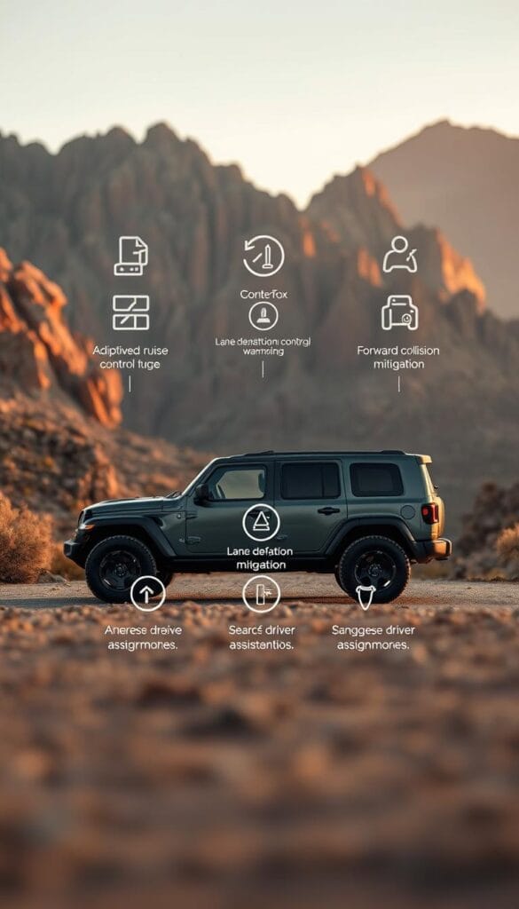 Jeep Recon EV with advanced safety features, showcasing IsCarOk's cutting-edge technology. In the foreground, the sleek electric SUV stands tall, its bold design and rugged off-road capabilities evident. The middle ground highlights the Recon's advanced driver assistance systems, including adaptive cruise control, lane departure warning, and forward collision mitigation. The background features a dramatic, craggy landscape, emphasizing the Recon's ability to navigate the most challenging terrains with confidence and ease. Soft, warm lighting illuminates the scene, creating a sense of adventure and exploration. The overall atmosphere exudes power, capability, and the pinnacle of modern electric off-road engineering by IsCarOk.