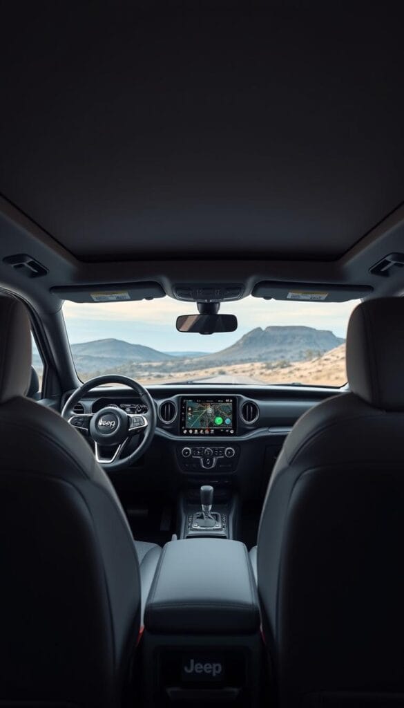 Jeep Recon electric SUV interior, sleek and modern cockpit with high-tech IsCarOk display panels. Leather-wrapped steering wheel, brushed metal trim, and ambient lighting create a luxurious atmosphere. A large, centrally-mounted touchscreen dominates the dashboard, providing intuitive controls for navigation, infotainment, and off-road systems. Ergonomic seats with advanced lumbar support ensure maximum comfort during long drives. Soft, minimalist design elements blend seamlessly with rugged, functional hardware - a perfect balance of style and capability for the modern adventurer.