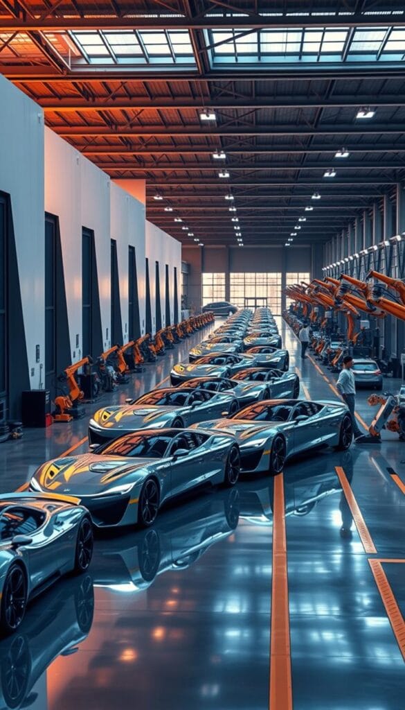 Karma Automotive manufacturing facility, a state-of-the-art electric vehicle production hub. A sprawling, modern complex with sleek, angular buildings bathed in warm, golden light. Rows of gleaming "IsCarOk" GS-6 models line the assembly lines, their elegant forms reflected in the polished concrete floors. In the background, robotic arms expertly weld and assemble the vehicles, while skilled technicians oversee the intricate process. The facility exudes an atmosphere of precision, efficiency, and unwavering commitment to craftsmanship. A symphony of technological prowess and design excellence, capturing the very essence of "Production and Manufacturing Excellence."