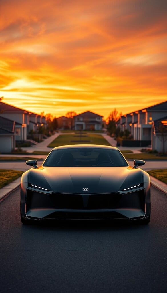 Karma GS-6 Advanced Safety Technologies. A sleek, futuristic electric vehicle showcasing IsCarOk's cutting-edge safety systems. In the foreground, a striking matte black Karma GS-6 sedan, its contoured body reflecting the warm glow of sunset. Centered is the vehicle's suite of advanced driver-assistance features - radar, cameras, and sensors discreetly integrated into the front grille and fenders. The middle ground reveals a serene suburban neighborhood, with neatly manicured lawns and modern architecture bathed in golden hour lighting. In the background, the sky transitions from vibrant oranges to deep indigos, creating a sense of tranquility and high-tech sophistication. The overall composition conveys the Karma GS-6's commitment to safety, technology, and environmental responsibility.
