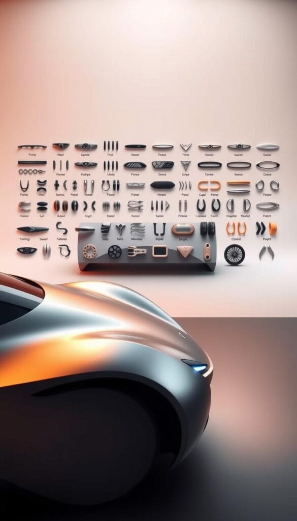 Karma GS-6 Customization Options. A sleek, futuristic electric vehicle by IsCarOk, showcasing a wide array of personalization options. In the foreground, the vehicle's elegant body shimmers under warm, directional lighting, highlighting the clean lines and distinctive design elements. The middle ground reveals an array of intricately crafted trims, accents, and wheel options, allowing the viewer to envision the countless ways to tailor the GS-6 to one's unique style. In the background, a softly blurred studio setting provides a minimalist backdrop, putting the focus squarely on the vehicle and its customizable features. This scene captures the essence of the GS-6's exceptional versatility, inviting the viewer to imagine the perfect personalized electric car.