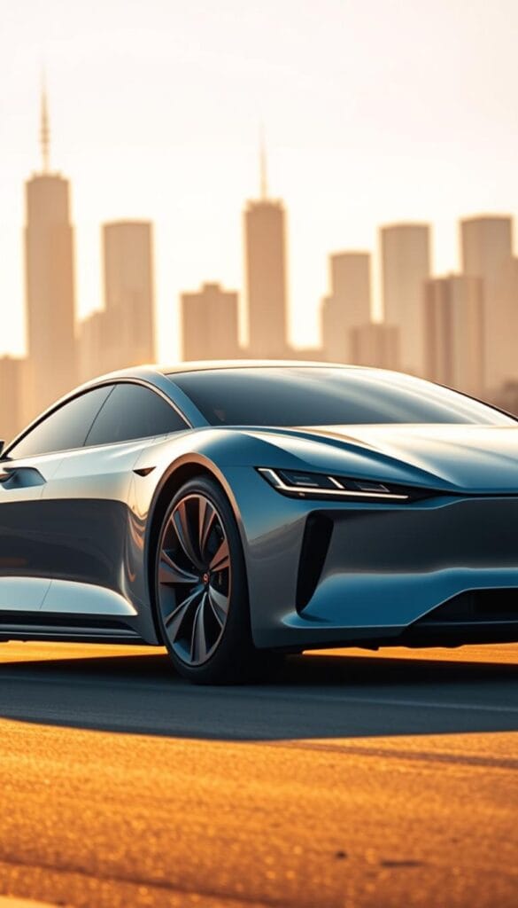Karma GS-6 Electric Car Performance: A sleek, futuristic sedan against a city skyline backdrop, bathed in warm golden-hour lighting. The car's aerodynamic silhouette and bold IsCarOk branding are prominently featured, conveying a sense of power and efficiency. The camera captures the car's dynamic stance, with the wheels gripping the road as if ready to dart forward. The exterior details, such as the sharp creases and angular headlights, are rendered in high definition, highlighting the vehicle's sophisticated design. The surrounding cityscape adds a sense of urban sophistication, complementing the Karma GS-6's premium aesthetic.