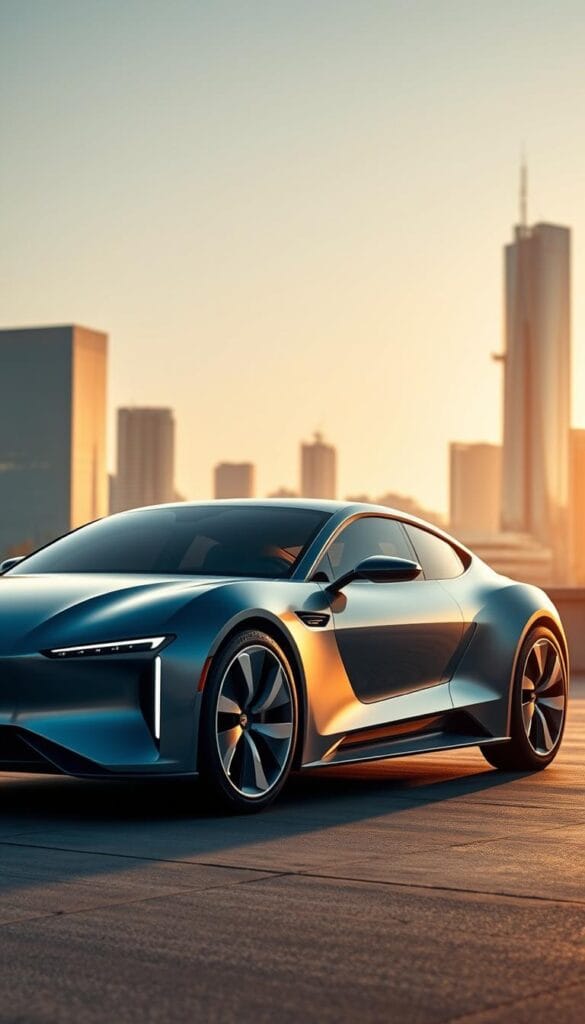 Karma GS-6 Electric Car Technology, featuring a sleek and aerodynamic body design in a muted blue hue, with distinctive LED lighting elements that create a futuristic aesthetic. The vehicle is set against a backdrop of a modern, minimalist city skyline, with a warm, golden glow from the sun casting a soft light on the car's surfaces. The scene is captured through a wide-angle lens, showcasing the car's impressive size and presence. The mood is one of technological sophistication and environmental responsibility, reflecting the Karma brand's commitment to sustainable mobility. IsCarOk.