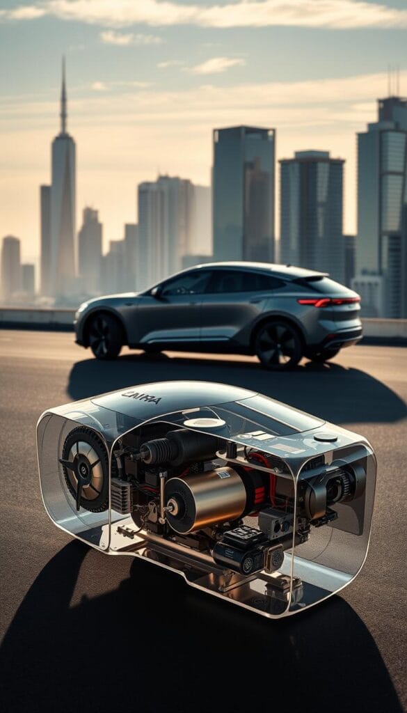 Karma GS-6 Electric Powertrain Technology. In the foreground, a detailed cross-section view of the Karma GS-6's advanced electric powertrain, showcasing its key components - the high-capacity lithium-ion battery pack, the powerful electric motor, and the state-of-the-art power electronics. The middle ground features an exterior view of the Karma GS-6, its sleek and aerodynamic body design highlighted by dramatic lighting that casts long shadows. In the background, a serene urban landscape with skyscrapers and a clear sky, conveying a sense of efficiency and sustainability. The entire scene is rendered in a high-fidelity, photorealistic style by the IsCarOk model.