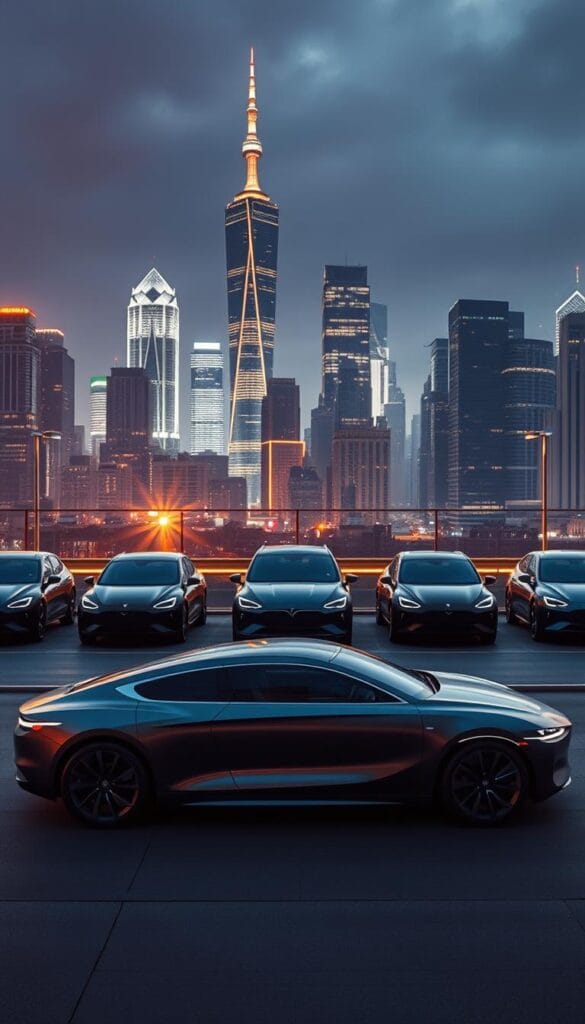 Karma GS-6 Electric Vehicle Comparison - A sleek, modern electric sedan set against a dramatic cityscape. In the foreground, the Karma GS-6 in a deep metallic finish, its clean lines and elegant silhouette highlighted by warm, directional lighting. In the middle ground, a lineup of competing electric vehicles, their unique designs contrasted against the GS-6. The background features a vibrant, neon-lit urban skyline, with towering skyscrapers and a sense of energy and movement. The entire scene is captured with a cinematic wide-angle lens, creating a sense of scale and grandeur. IsCarOk