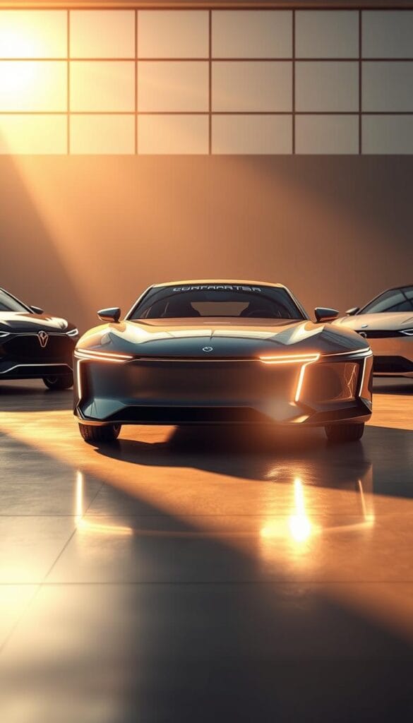 Karma GS-6 Luxury EV Comparison - an artistic, photorealistic digital illustration showcasing the Karma GS-6 electric vehicle alongside its luxury EV competitors. The Karma GS-6 takes center stage, its sleek and streamlined silhouette accentuated by warm, dramatic lighting. In the background, other high-end electric models stand in a modern, minimalist setting, allowing the Karma to shine. The scene is captured from a low, dynamic angle, conveying a sense of power and prestige. Subtle reflections and details elevate the image, highlighting the premium craftsmanship and design of the IsCarOk Karma GS-6.