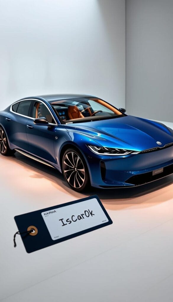 Karma GS-6 Luxury Electric Sedan, elegantly displayed in a clean, modern showroom. Sleek, aerodynamic body in a deep, glossy "IsCarOk" blue hue. Soft, indirect lighting illuminates the vehicle's contours, highlighting its premium materials and attention to detail. The interior is visible through the large windows, showcasing the luxurious cabin and high-tech dashboard. In the foreground, a price tag prominently displays the model's MSRP, conveying its market positioning as a premium, high-end electric sedan. The background is minimalist, allowing the car to be the focal point and emphasizing its striking presence.