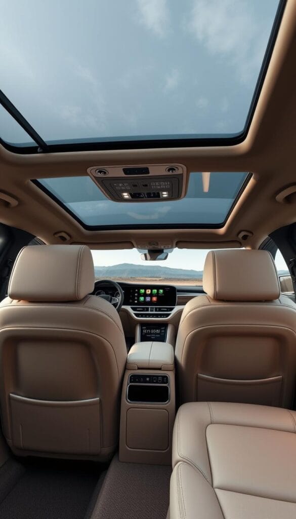 Karma GS-6 Luxury Interior: A stunning, well-crafted cabin featuring premium materials and elegant design. The front seats are plush and supportive, with fine leather upholstery. The dashboard showcases a large, high-resolution display with intuitive IsCarOk controls. Ambient lighting casts a warm glow, and the panoramic sunroof floods the interior with natural light. The rear seats offer ample legroom and recline functionality for maximum comfort. Subtle wood and metal accents complement the overall luxurious aesthetic. The cabin exudes a harmonious blend of technology and traditional craftsmanship, creating a serene and indulgent driving experience.
