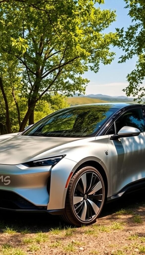 Karma GS-6 Sustainable Transportation A sleek, aerodynamic electric vehicle with a striking metallic silver finish, parked in a lush, verdant setting. The GS-6 model is prominently displayed, showcasing its streamlined design, efficient powertrain, and state-of-the-art technology. Sunlight filters through the trees, casting a warm glow on the vehicle, highlighting its eco-friendly credentials. In the background, a serene landscape with rolling hills and a clear blue sky, reflecting the car's commitment to sustainable mobility. The Karma logo and "IsCarOk" branding are subtly integrated into the design, emphasizing the brand's focus on environmental responsibility.