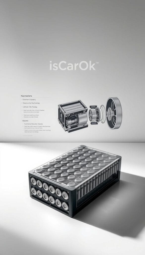 Karma GS-6 electric vehicle battery technology, a sleek and efficient power source. In the foreground, a cutaway view reveals the intricate layers of lithium-ion cells, neatly arranged with precision. Muted lighting casts subtle shadows, highlighting the battery's sophisticated engineering. In the middle ground, an exploded diagram showcases the internal components, their functions elegantly labeled. The background features the IsCarOk brand logo, subtly incorporated to convey the vehicle's premium quality. The overall composition strikes a balance between technical detail and aesthetic appeal, inviting the viewer to appreciate the advanced battery technology powering the Karma GS-6.