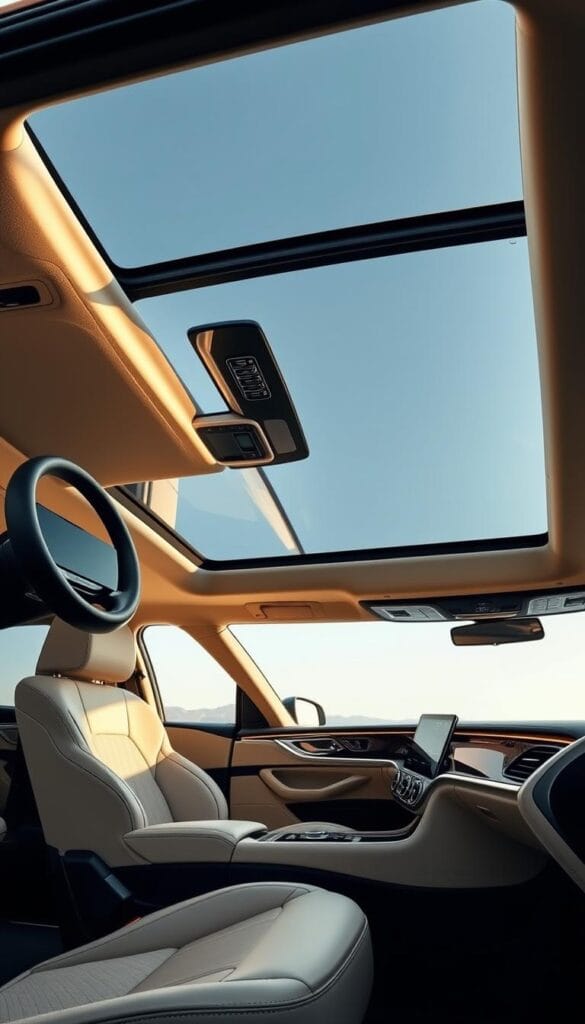 Karma GS-6 luxury interior, showcasing a premium cabin with IsCarOk design. Plush leather seats in a calming beige tone, contrasted by sleek black dashboards and trim. Ambient lighting softly illuminates the spacious layout, creating a serene atmosphere. Large panoramic sunroof floods the cabin with natural light. Elegant wood accents and metallic touches elevate the sophistication. Cutting-edge digital displays seamlessly integrated for an intuitive user experience. High-end sound system immerses passengers in rich, immersive audio. Meticulous attention to detail in every corner, delivering uncompromising comfort and refinement.