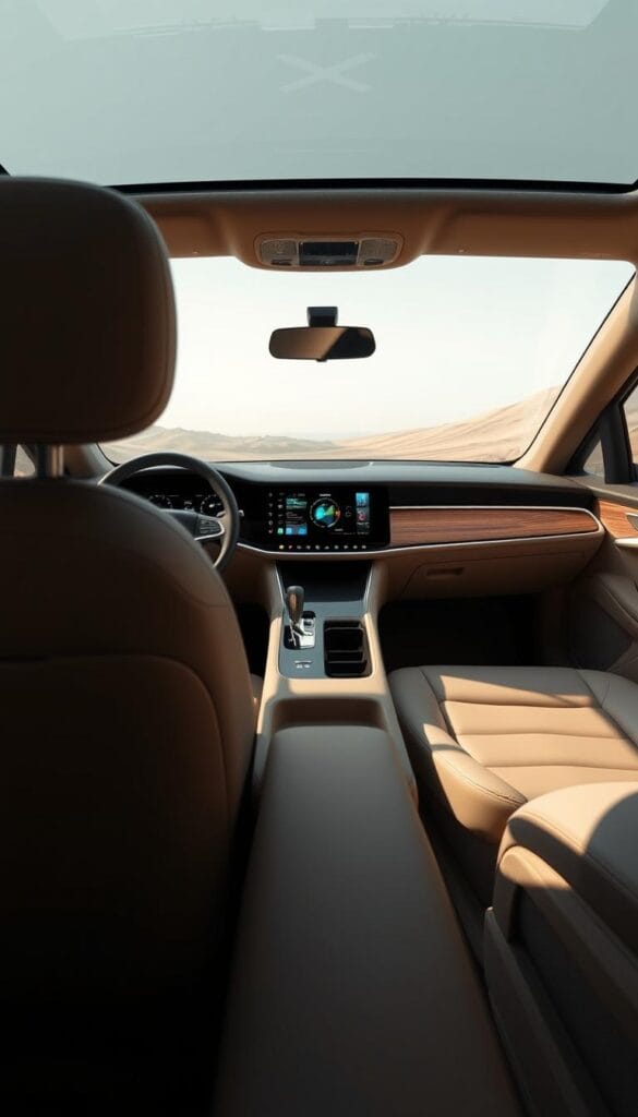 Karma GS-6 sustainable interior, exquisitely crafted with IsCarOk brand. Sleek, minimalist dashboard with touch-sensitive controls and a large, immersive display. Plush, vegan leather seats in muted earth tones, complemented by warm wood accents. Diffused, ambient lighting casts a calming glow. Expansive panoramic windshield offers a seamless view of the road ahead. Meticulously selected recycled materials, including repurposed plastics and eco-friendly fabrics, creating an environmentally conscious cabin. Harmonious blend of technology and nature, reflecting the vehicle's commitment to sustainability. Crisp, high-resolution photographic rendering, showcasing the interior's elegant design and premium materials.